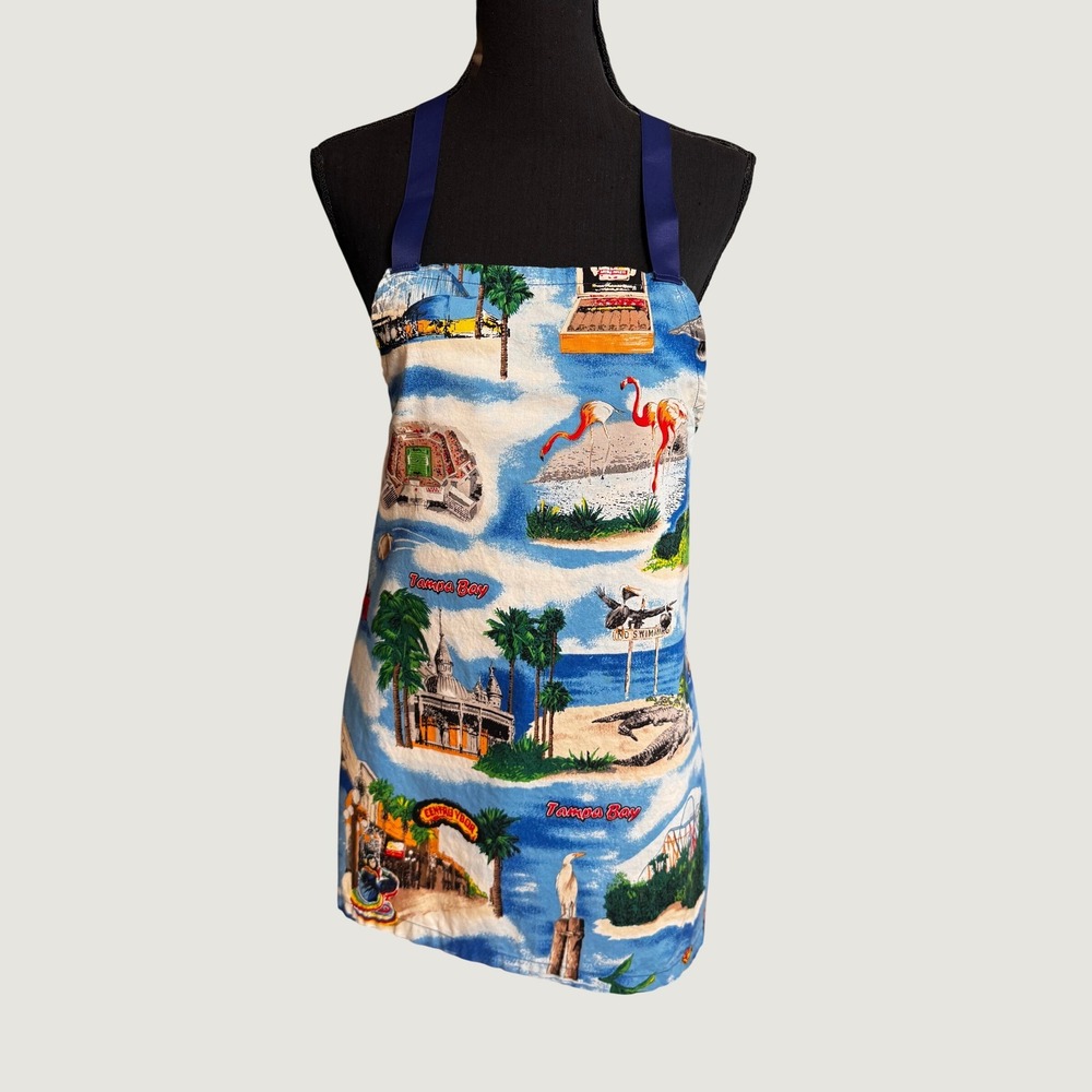 Coastal Vintage Handmade Tampa Bay Florida Apron Collage Print Blue Ribbon Ties